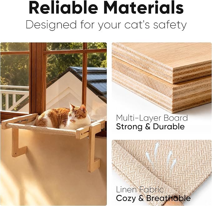 FUKUMARU 3-in-1 Cat Window Perch, Convertible Hammock for Windowsill, Bedside and Floor, Sturdy Cat Window Bed w/Washable Linen Fabric for Indoor Large Cats and Kitten, Reinforced Wood and Metal Frame
