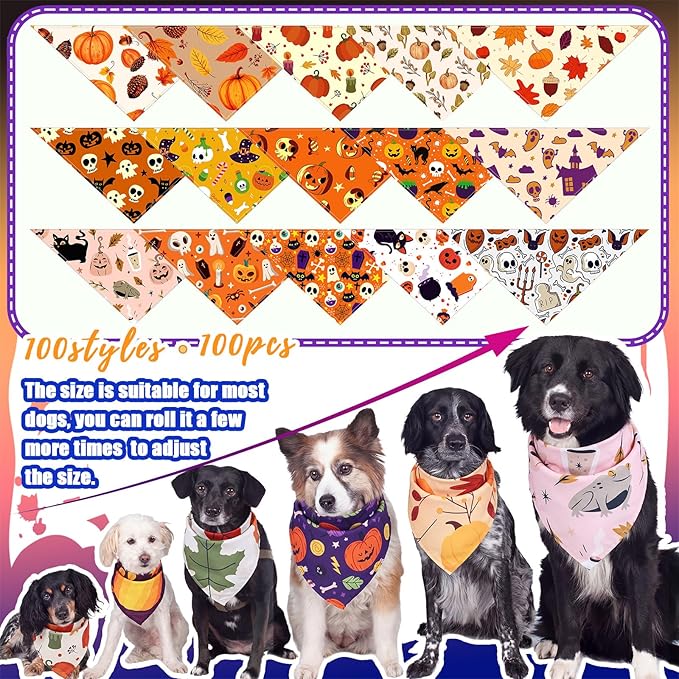 Huhumy 150 Pcs Halloween Dog Bandanas Bulk Pet Bibs Colorful Triangle Scarf Pet Bandanas for Medium Large Dogs Halloween Party Costume Decor