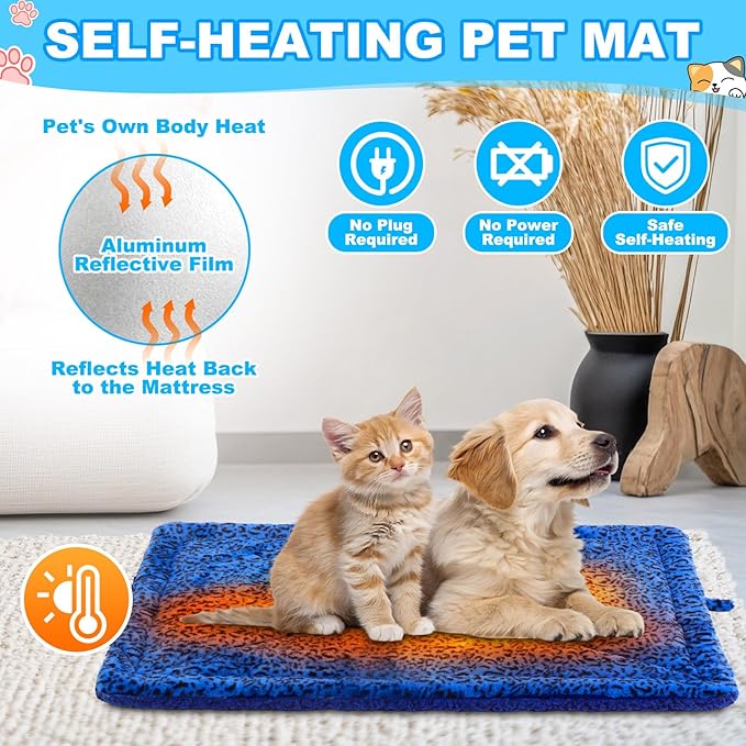 Riakrum 4 Pack Self Warming Cat Bed Mats Leopard Print Cat Dog Thermal Blanket Double Sided Self Heating Pet Pad with Storage Bags for Pet Winter Outdoor Indoor Supplies, Non Electric(XL)