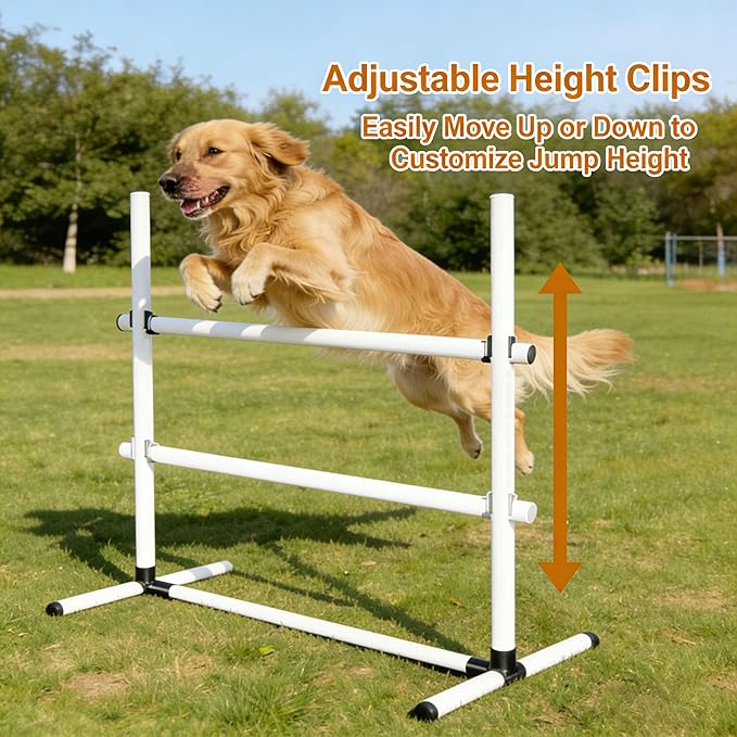4 PCS Dog Agility Course Equipment, Adjustable Jump Bars Obstacle Training Supplies PVC Puppy Exercise and Coordination Training Kit with Carry Bag for Indoor Outdoor Use(White)
