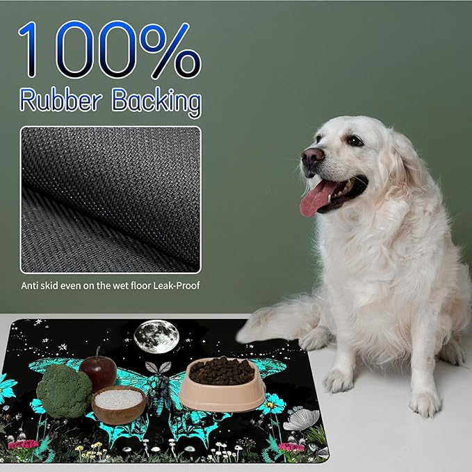 Dog Food Mat, 15.7" x 23.6" Absorbent Pet Feeding Mat for Food and Water, Waterproof Diatom Mud Pet Placemat with Non-Slip Rubber Backing, Easy Clean Cat Bowl Mat for Floors - Blue Butterfly 1