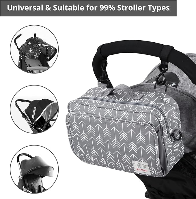 GOGOSO Universal Stroller Caddy Accessories All-in-One Baby Organizer with Insulated Pocket,Capacity for Diapers, Toys & Snacks, Dark Gray