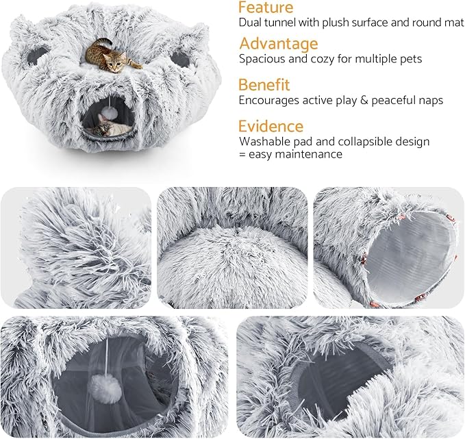 Cat Tunnel Cat Bed for Indoor Cats,Christmas Tree cat Tunnel 3-in-1 Foldable Plush Donut Tunnel with Washable Cushion, Peekaboo Cat Cave with Ears for Kittens, Puppy, Rabbit (Gray)