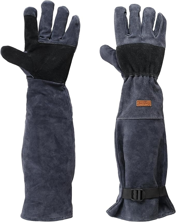 23.6 In Leather Welding Gloves - Pet Glove for Grabbing Reptile，Bite Resistant, Bite Proof, Safety Grooming for Dog Cat Reptiles, Snakes, Features an Adjustable Strap (Blue-gray)