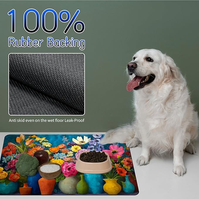 Dog Food Mat, 19.6" x 23.6" Absorbent Pet Feeding Mat for Food and Water, Waterproof Diatom Mud Pet Placemat with Non-Slip Rubber Backing, Cat Bowl Mat for Floors - Watercolor Flowers