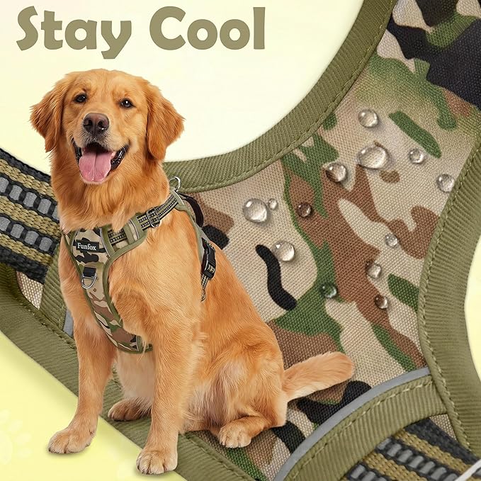 Funfox Dog Harness No Pull, Adjustable Pet Vest Harness, Super Soft Material with Vertical Handle Easy Control, Reflective Night Walking, 2 Leash Clips for XLarge Dogs, Camo Green, XL