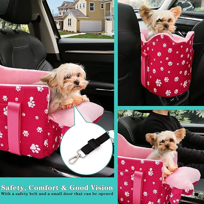 Center Console Dog Car Seat for Small Dogs Under 15 lbs - Detachable Washable Carrier with Safety Belt & Storage Pockets, Pink