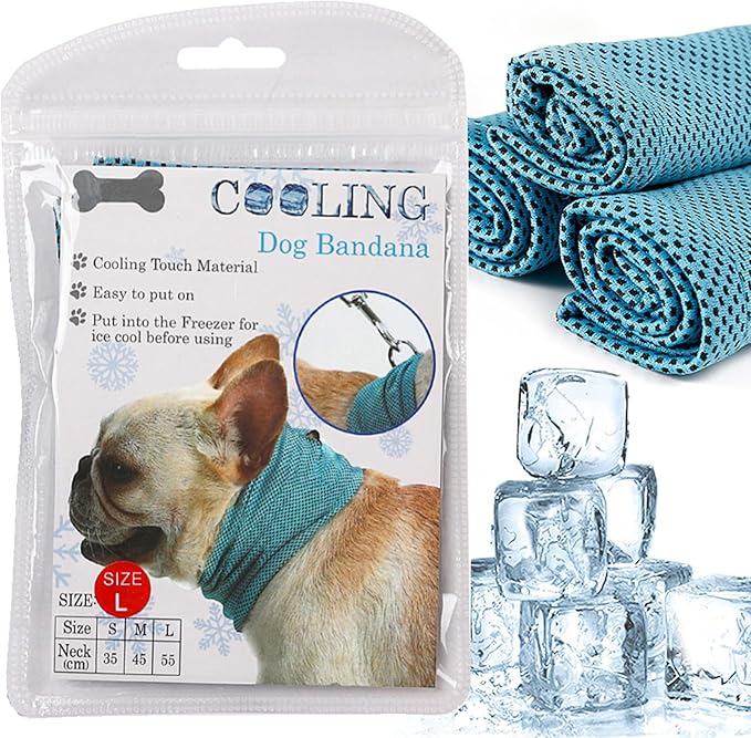 Dog Cooling Bandana Collar, Ice Instant Cooling Pet Bandana Scarf Collar for Small Medium Dogs, Breathable Ice Towels Bulldog Cats Ice Collar Summer Cooling Towel Neck Wrap with Leash Hole Blue