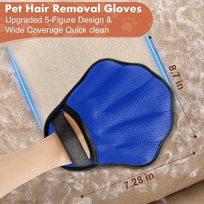 Pet Hair Removal Glove, Electrostatic Pet Hair Remover Glove for Cats & Dogs, Hair Remover Tools for Couch, Carpet, Clothing, Car Seat - Upgraded Five-Finger, Reusable，RoyalBlue+LightGray