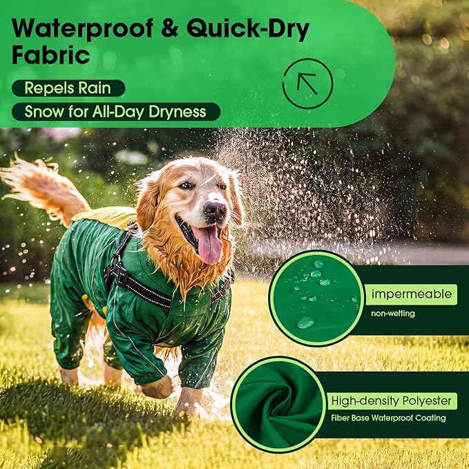 Lelepet Large Dog Raincoat, Rain Jacket Dog with Harness, Waterproof Reflective Coat with Adjustable Detachable Hood, Elastic Waist Zipper Hook and Loop Pet Raincoats, Green, XXL