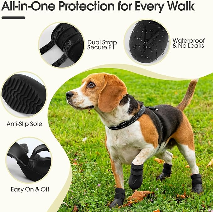 Dog Rain Boots Waterproof, 4PCS Dogs Shoes Non Slip Dog Boots & Paw Protectors, Easy On Rubber Doggie Booties Pet Shoes for Hot Pavement Snow Rain, Dog Rainboots for Small Medium Large Dogs, Black 3XL