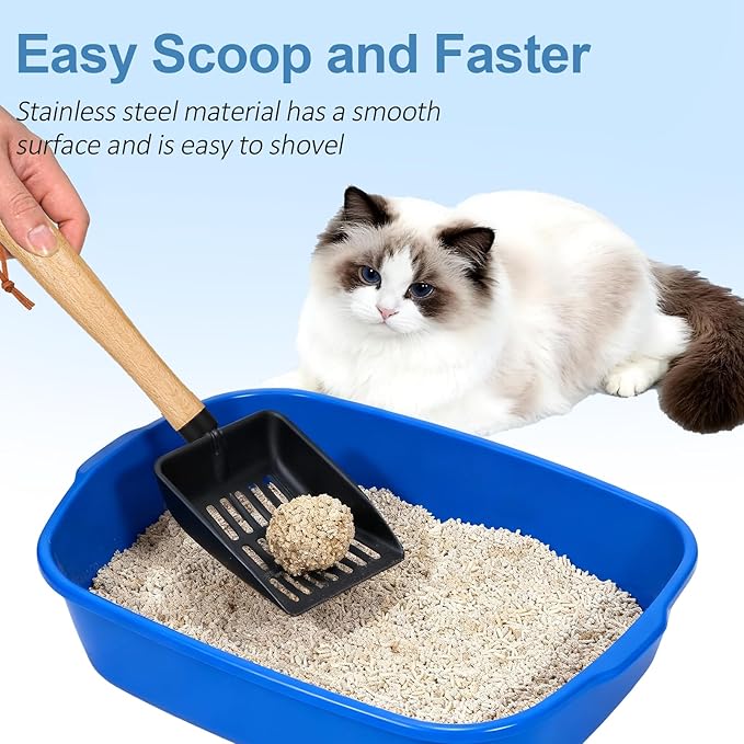 Cat Litter Scoop, Metal Litter Scoop, Heavy Duty Metal Cat Scooper for Litter Box, Black Sifter Scoop for Pellets, Wooden Handle Scoop with Hole, Kitty Necessity (Cat Litter Scoop Long)