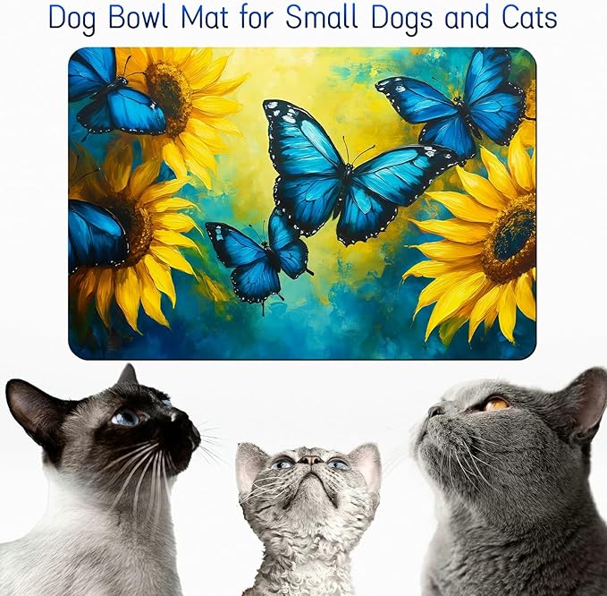Dog Food Mat, 15.7" x 23.6" Absorbent Pet Feeding Mat for Food and Water, Waterproof Diatom Mud Pet Placemat with Non-Slip Rubber Backing, Cat Bowl Mat for Floors - Blue Butterfly Sunflower