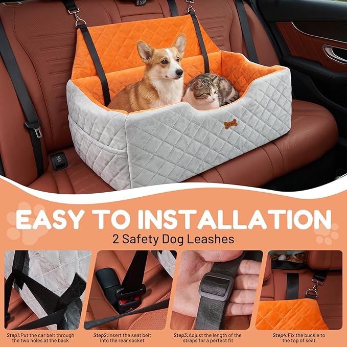 Dog Car Seat for Large Dogs - Foam Dog Booster Seats for 2 Small Dogs, High Depth Car Pet Seat with Storage and 2 Safety Leash, Washable Portable Travel Cat Bed, 2-inch, Grey