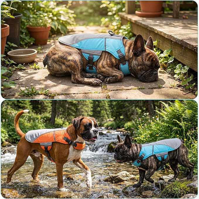 DENTRUN Dog Cooling Vest with Dual Absorbent Core, Adjustable Sun Protective Vest for Hot Weather, Doggie Ice Jacket Hiking Travel Summer Essentials, Reflective, Sun Protective Vest, Blue XL