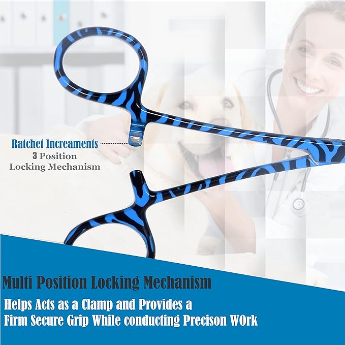 Dog Pet Ear/Nose Hair Puller Grooming Hemostat Locking Forceps Curved Pliers, 5.5" (14cm) Full Serrated Clamps Stainless Steel (Blue Candy Swirls)