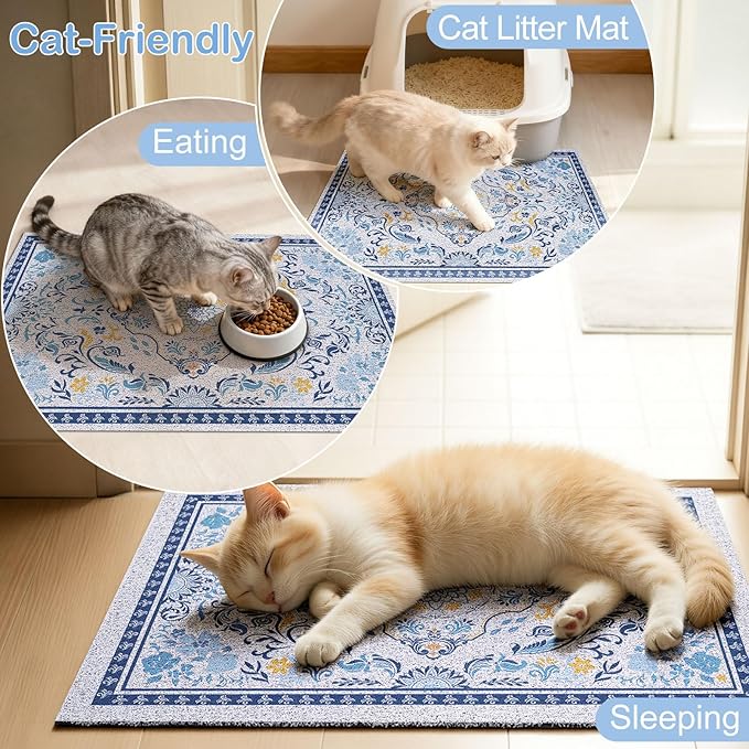 Cat Litter Mat Trapping Rug 24"x15",Litter Box Mat for Floor, Non-Slip Waterproof Backing, Soft Mesh Easy to Clean Pet Mat for Cat, Blue Yellow