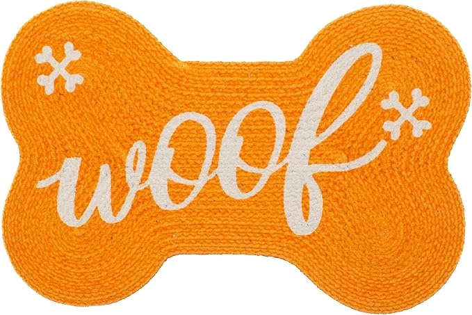Decorative Dog Feeding Mat/Rug for Bowl Natural Cotton Easy Clean Woof Bone Shaped 15" x 23" Peach Orange