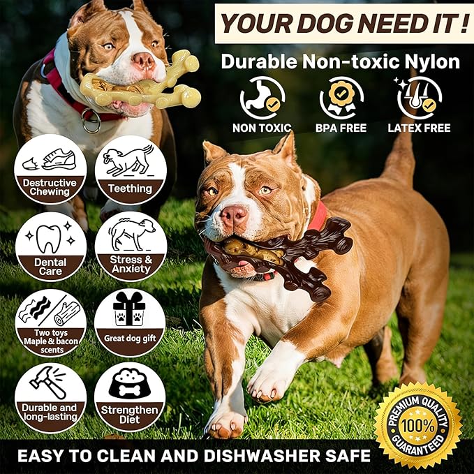 SIHRMIU Dog Chew Toys for Aggressive Chewers, 2 Pack, for Medium/Large Breed, Tough Almost Indestructible Dog Bones for Teeth Cleaning, Training, Boredom and Stimulating