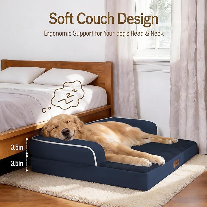 Comfort Expression Extra Large Dog Bed - XXL Washable Orthopedic Bed for Big Dogs - Pet Couch Waterproof Bolster with Removable Non-Slip Cover, 48 x 33