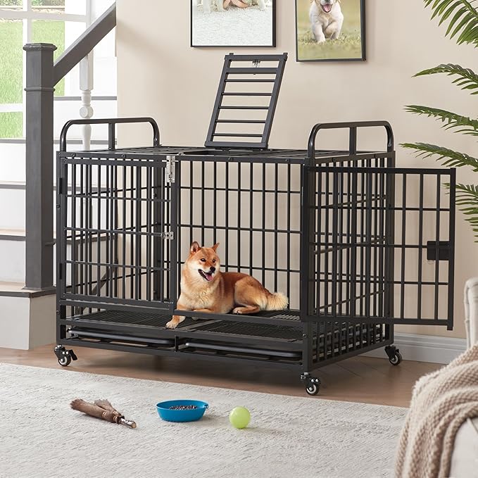 Lauren&Harold Heavy Duty Dog Crate for Medium/Small Dogs, Metal Dog Kennel Indoor with Top Door&Feed Door, Easy-to-Clean Dog Cage with Removable Tray&Wheels (42" L x27.5 W x 33" H(Medium))