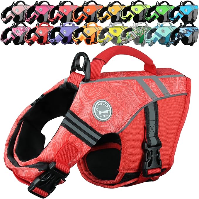 VIVAGLORY Sports Style Dog Life Vest, Dog Life Jacket for Swimming & Boating, Ripstop & Buoyancy for Puppy Doggy, Lifejacket with Handle, XS, Red
