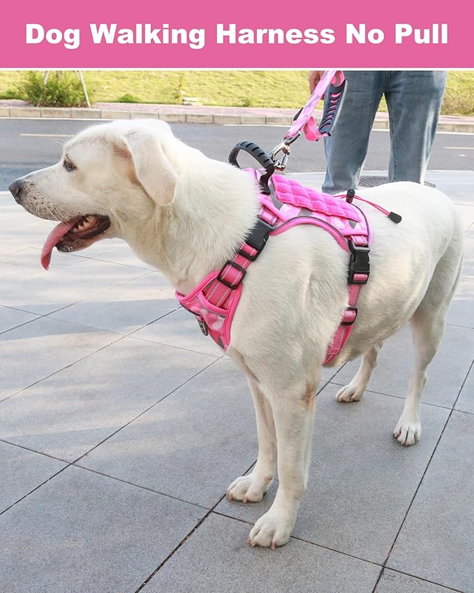Hotsky Tactical Dog Harness No Pull，Adjustable Service Dog Vest Reflective Military Pet Harness with Control Handle Molle Loop Panels for Training Walking Running(Pink Camo, M)