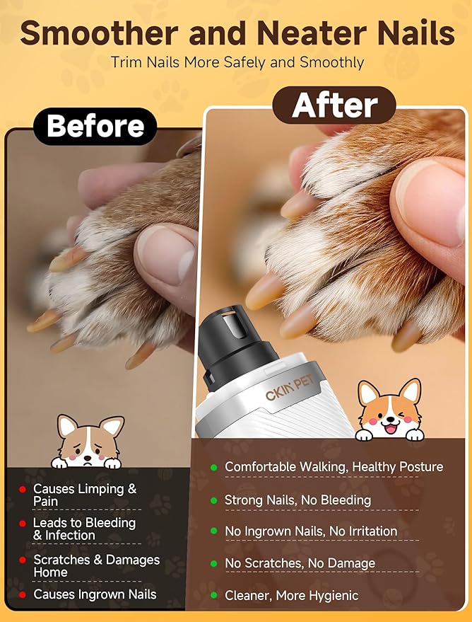 Dog Nail Grinder, Quiet Electric Dog Nail Trimmer with 2 LED Lights, 3-Speed Pet Nail Grinder for Dogs & Cats, Rechargeable 2000mAh Nail Grinder for Small Medium Large Dogs with Light, White