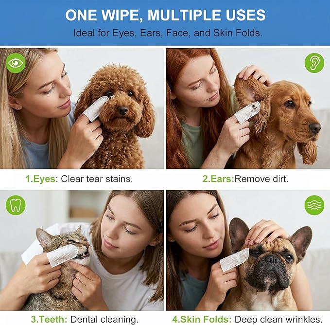 Vet-Recommended Pet Finger Wipes, Coconut Scent 60CT, Triple Clean Dental, Tear Stain & Ear, Freshen Breath & Remove Plaque Tartar, Replace Toothbrush Paste, Friendly to Timid Shy Pets