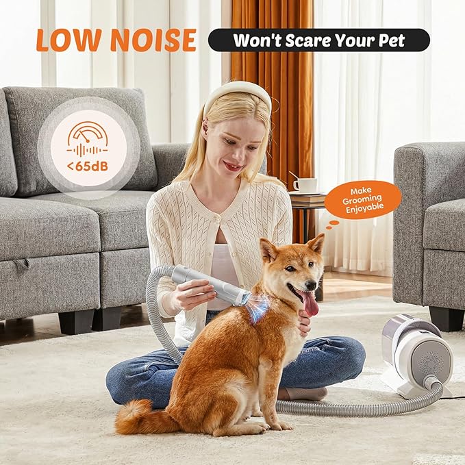 DUMOS Pet Grooming Vacuum Kit, 3 Adjustable Suction Modes Dog Clipper, 5 Professional Grooming Tools with Cordless Low Noise Cat Hair Clippers, 2.5L, Gray