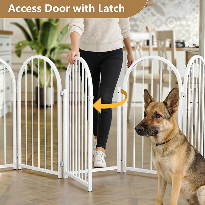 PUPETPO Full Metal Dog Gate with Door for Indoor Outdoor, 24" Tall Free Standing Pet Dog Fence, 108" Extra Wide Pet Gates for Stairs, Hallways, Doorways, Kitchen, Decks, Yards (White, 6 Panels)