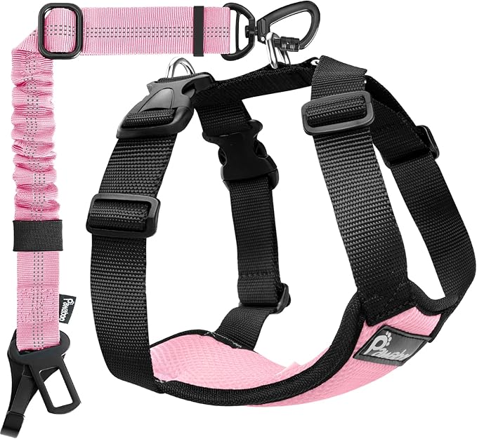 Pawaboo Dog Seat Belt Harness for Car, Dog Car Harness Seatbelt with Double Clips, Adjustable Breathable Pet Vest & Dogs Safety Tether with Elastic Bungee for Small Medium Large Pet, XXL, Pink + Black