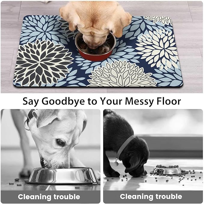 Dog Food Mats for Floors, Absorbent and Quick-Drying Pet Cat Food Mat,Anti-Fouling and Easy-to-Clean Pet Feeding Mat,Dog Bowl Mat for Messy Drinking Water Bowls.17x27, Bohemia Dahlia Floral Style