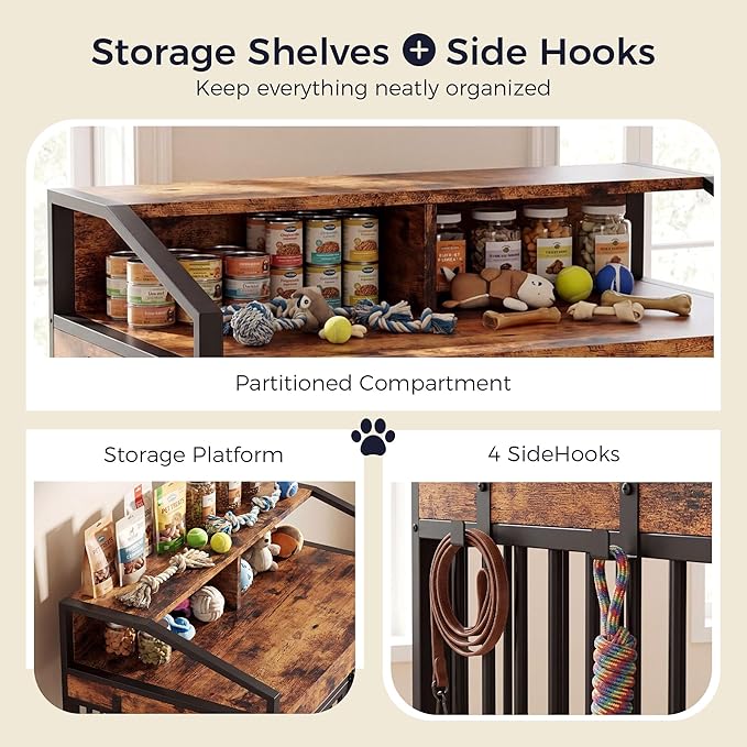 IRONCK Dog Crate Furniture with 360° Rotatable Bowls, 39.4" Wooden Dog Kennel Indoor with Top Storage Shelves, Heavy Duty Decorative Pet Crate End Table with 4 Hooks for Medium Dogs, Rustic Brown