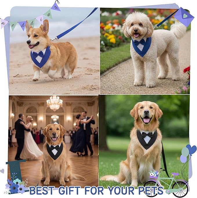 Gilprop 4 Pcs Formal Dog Outfit Dog Tuxedo Sets with Bowtie Wedding Dogs Bandana Collar with Nylon Leash Wedding Outfit Suit Adjustable Pet Party Costumes for Birthday(Black,Blue,Large:21"-24.5")
