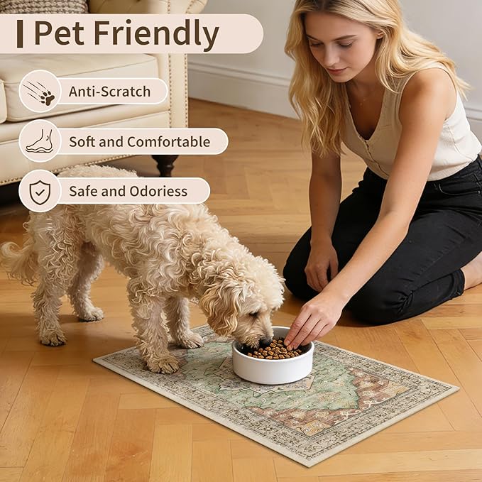 Boho Dog Feeding Mat, Absorbent Cat Matt for Food, Non Slip Pet Water Bowl Placemat Small for Floor, Olive Green & Rust & Bright Blue Indoor Dog Eating Dish Mat 12"x20"