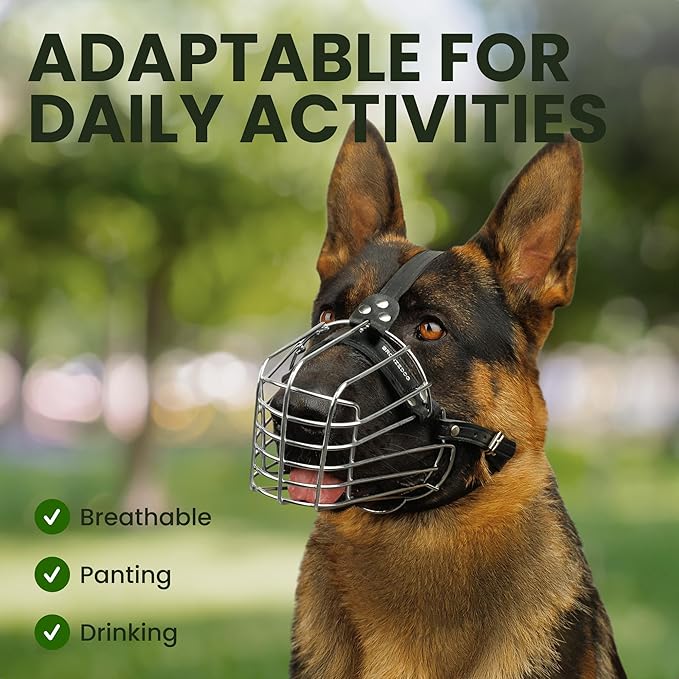 BronzeDog Dog Muzzle German Shepherd Wire Basket Metal Mask Leather Adjustable Medium Large Pets (XL)