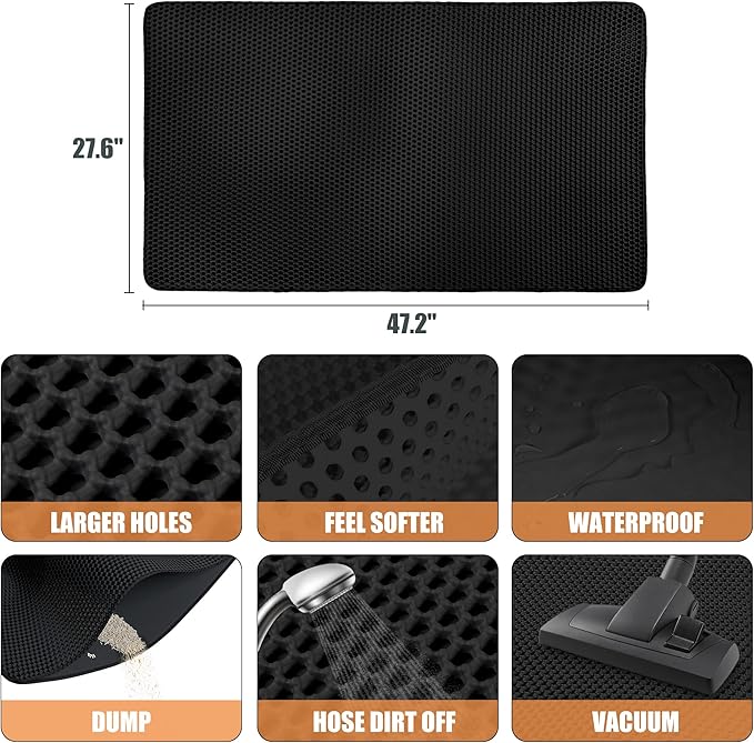 Cat Litter Box Mat- (47" x 27"), Extra Large,Double Layer Honeycomb Pad Rug, Waterproof Cat Litter Trapping Mat, Non-Slip, Easy Clean,Durable,Black