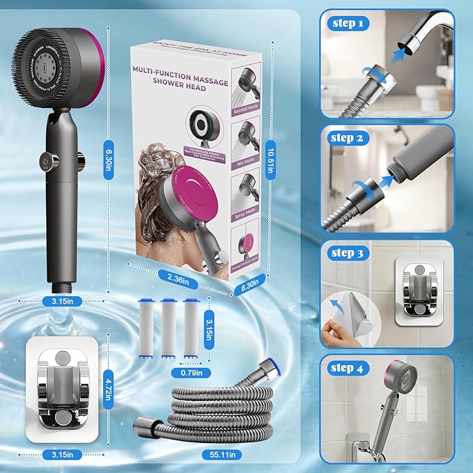 High Pressure Shower Head, 30° Adjustable 4 Modes Handheld Shower Head and Hose Set with 5 Filters, 59‘’ Hose & Bracket, Power Swivel Filtered Showerhead for Remove Residual Chlorine (Gray)