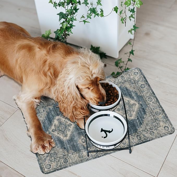 Pet Dog Cat Food Mat, Non Slip Bowl Mats for Food and Water, Absorbent Boho Dogs Cat Feeding Mat Puppy Pet Placemats for Floors Indoor Pets Accessories Supplies 17 * 30 inch, Retro Blue