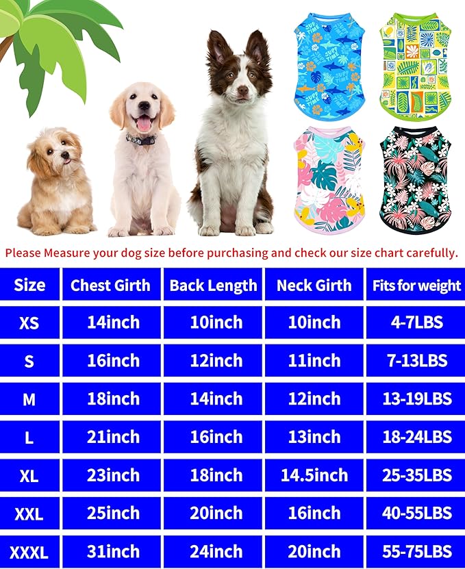PET SHOW 4 Pack Dog Hawaiian Shirts for Medium Large Dogs UPF 50+ UV Sun Protection Summer Cool Clothes Tank Top Floral Dog T-Shirts Pet Holiday Party Sleeveless Vest Boy Girl(X-Large)