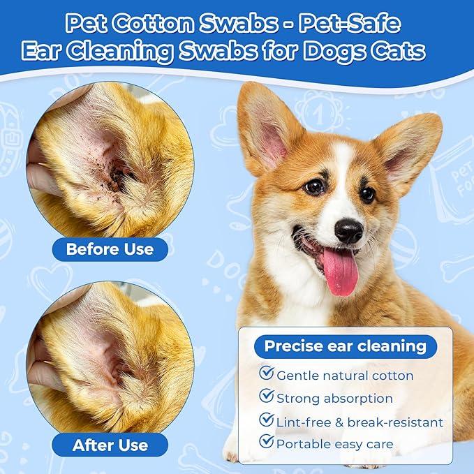 6 Inch Large Cotton Swabs for Dog Ear Cleaning - Extra Long Handle Dog Ear Swabs, Soft & Absorbent Big Cotton Tips, Perfect for Pet Care & Daily Grooming (200 Pcs)
