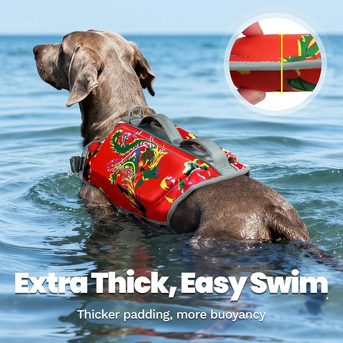 VIVAGLORY High Buoyancy Dog Life Vest, Swimming Vest with Handle, Dog Life Jacket for Swimming & Boating, Buoyancy for Puppy Doggy, XL, Northeast Florals-Red