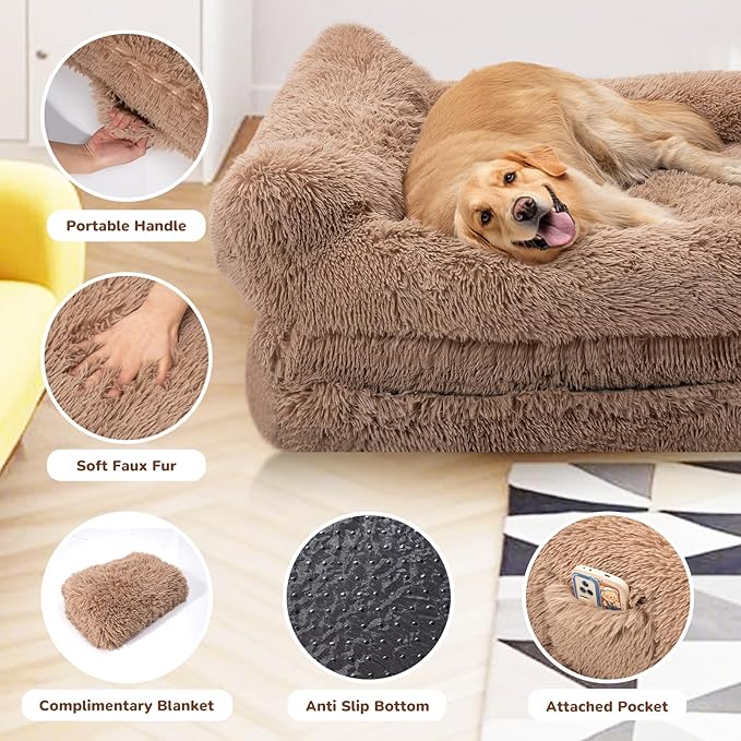 OtterOasis Foldable Human Dog Bed for Adults, Fluffy Human Sized with Blanket, Orthopedic Washable Dog Bed with Memory Foam and Water Repellent Liner for Pet (Brown, 72 * 44 * 10 inch)