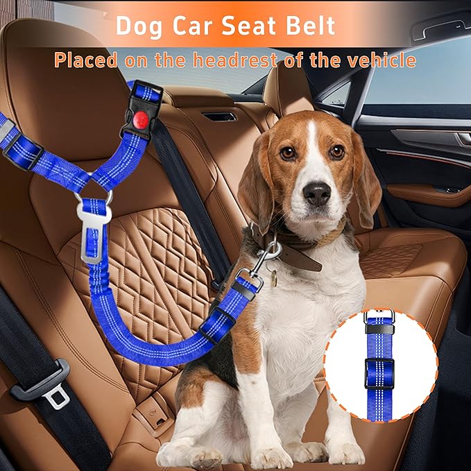 Seyezo Dog Car Seat Belt - 3 Piece Set Retractable Harness, Adjustable Reflective Seatbelt for Vehicle Headrests, Safety Restraint Heavy Duty & High Elastics, Navy Blue