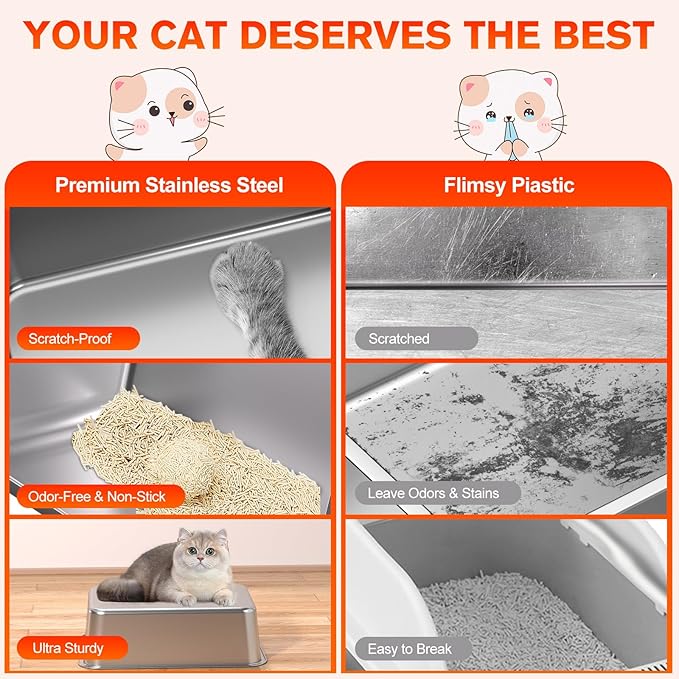 KITCATY 2PACK Stainless Steel Cat Litter Box, 20" L x 13.8" W x12 H Metal Kitty Litter Box with Lid, Never Absorbs Odors, Leak-Proof, Non-Sticky, Easy to Clean, with Scoop