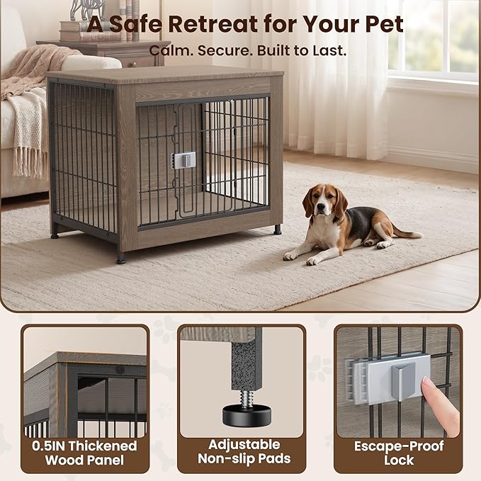 Wooden Dog Crate Furniture, 27in Dog Cage Furniture with Slide Safety Latch, Indoor Decorative End Table for High Anxiety Dogs, Furniture Style Dog Crate for Small to Medium Dogs, Greige