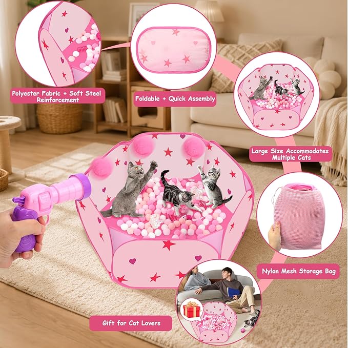 Cat Ball Pit for Indoor Cats, Collapsible Interactive Cat Toy Set with Pom Pom Launcher Crinkle Balls Jingle Bells Springs Toy Mice, Foldable Enrichment Play Pen for Bored Kittens Self Play (Pink)