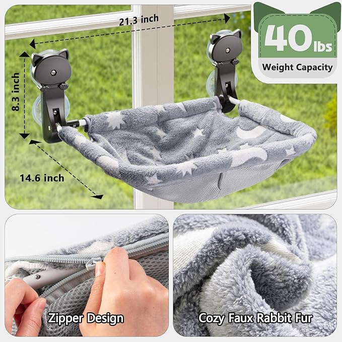 JUNSPOW Cat Window Perch Cordless, Glow in The Dark & Stable Cat Beds- Breathable Window Hammock for Overlooking, Sunbathing and Climbing - Maximum Hold Up to 40lb(Grey+Cream)