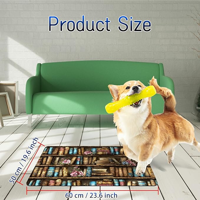 Dog Food Mat, 19.6" x 23.6" Absorbent Pet Feeding Mat for Food and Water, Waterproof Diatom Mud Pet Placemat with Non-Slip Rubber Backing, Easy Clean Cat Bowl Mat for Floors - Book Blue